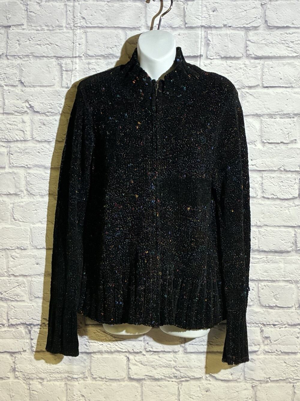 Coldwater Creek Chenille Cardigan Womens Size Medium Black Confetti Zip Vintage